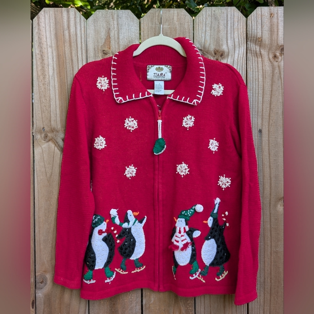 Y2K Vintage Tiara Red Penguin Embroidered Women's Sweater